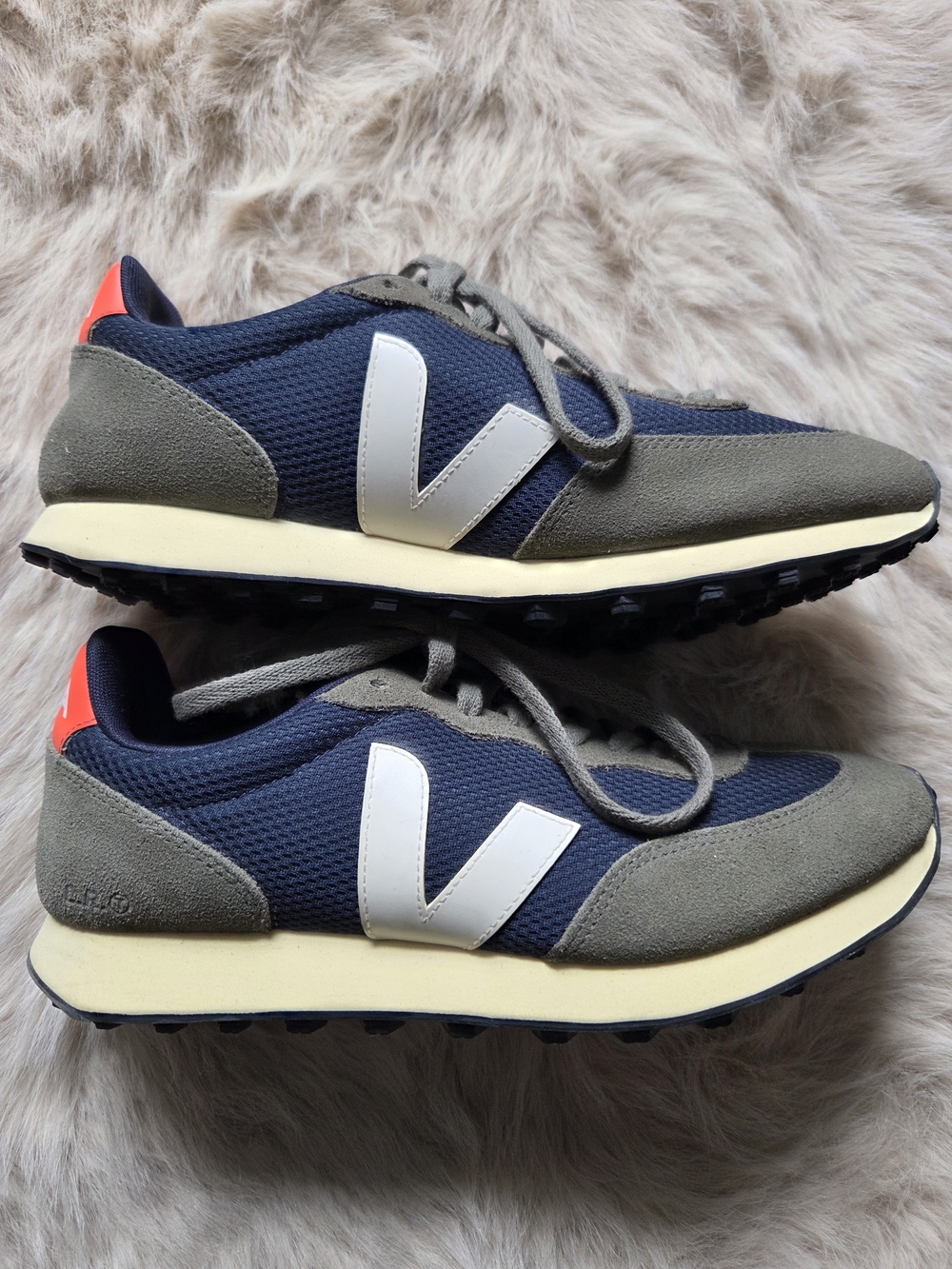 Veja Navy, Green and White Runner Sneakers with Red Heel Tab